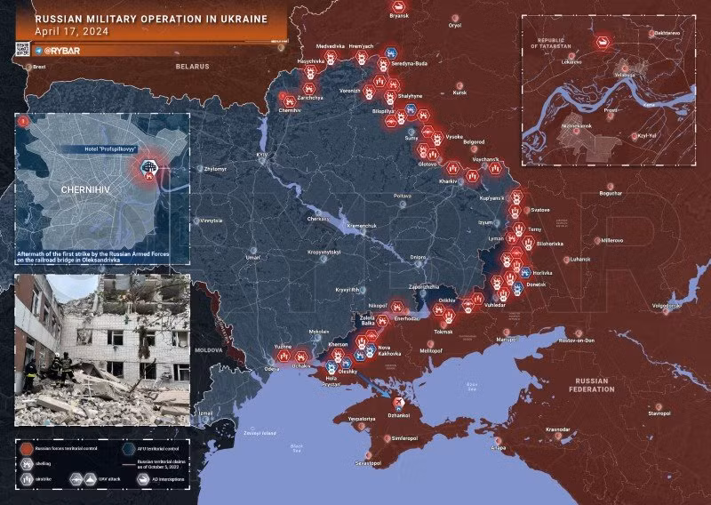 Bản đồ chiến sự Ukraine ngày 17/4. (Ảnh: Rybar)