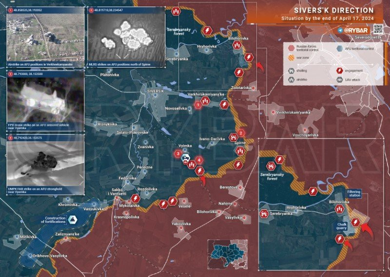 Bản đồ chiến sự Ukraine ngày 17/4, hướng Siversk. (Ảnh: Rybar) Bản đồ chiến sự Ukraine ngày 17/4, hướng Siversk. (Ảnh: Rybar)