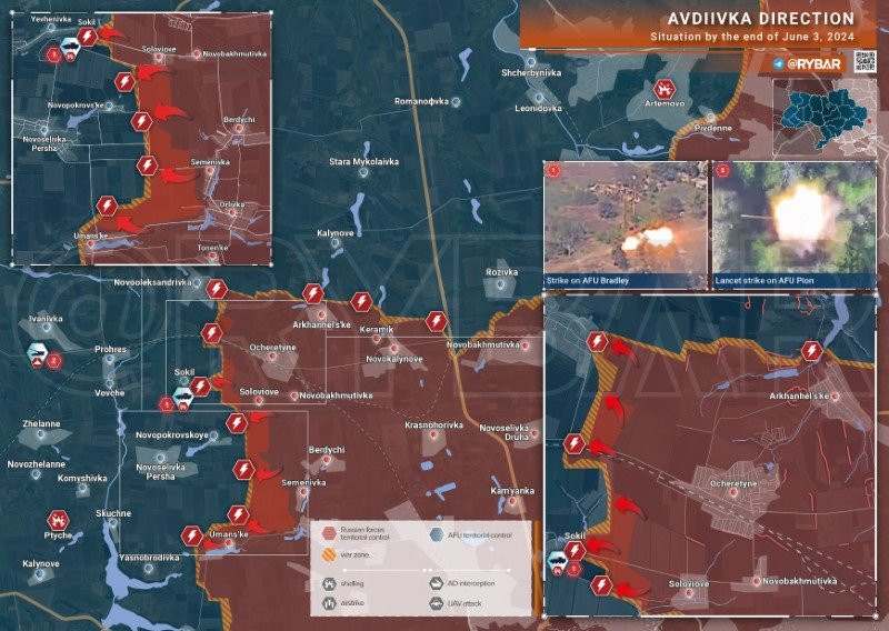 Bản đồ chiến sự Ukraine ngày 3/6, hướng Avdeevka. (Ảnh: Rybar)