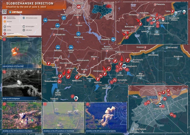 Bản đồ chiến sự Ukraine ngày 3/6, hướng Slobozhanske. (Ảnh: Rybar)