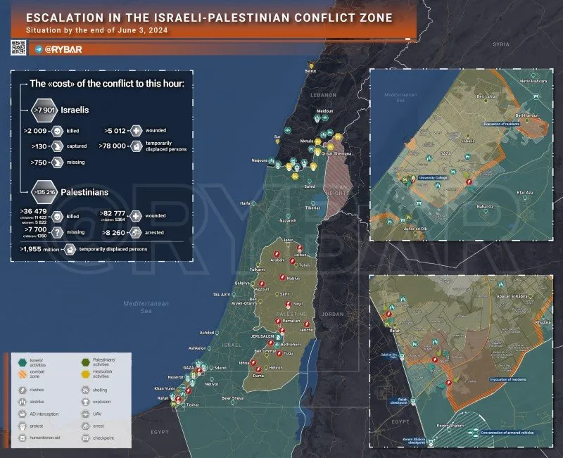 Bản đồ xung đột Israel - Hamas ngày 3/6. (Ảnh: Rybar)