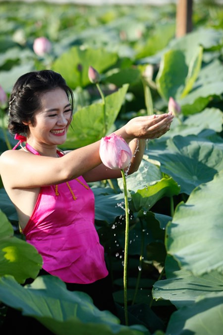 Chị em Hà Thành nô nức mặc yếm đào chụp ảnh sen Chi em Ha Thanh no nuc mac yem dao chup anh sen