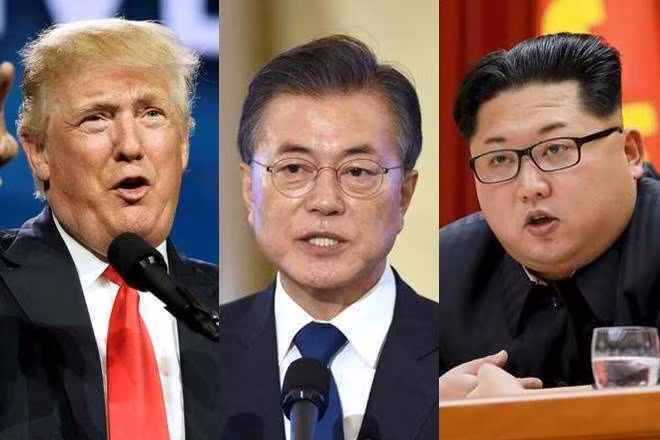 Tổng thống Donald Trump bên ngoài (trái), Tổng thống Moon Jae-in (giữa) và Lãnh đạo Kim Jong-un