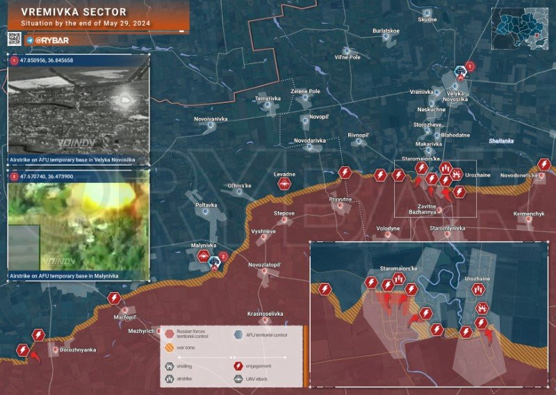 Bản đồ chiến sự Ukraine ngày 29/5, khu vực Vremivka. (Ảnh: Rybar) Bản đồ chiến sự Ukraine ngày 29/5, khu vực Vremivka. (Ảnh: Rybar)