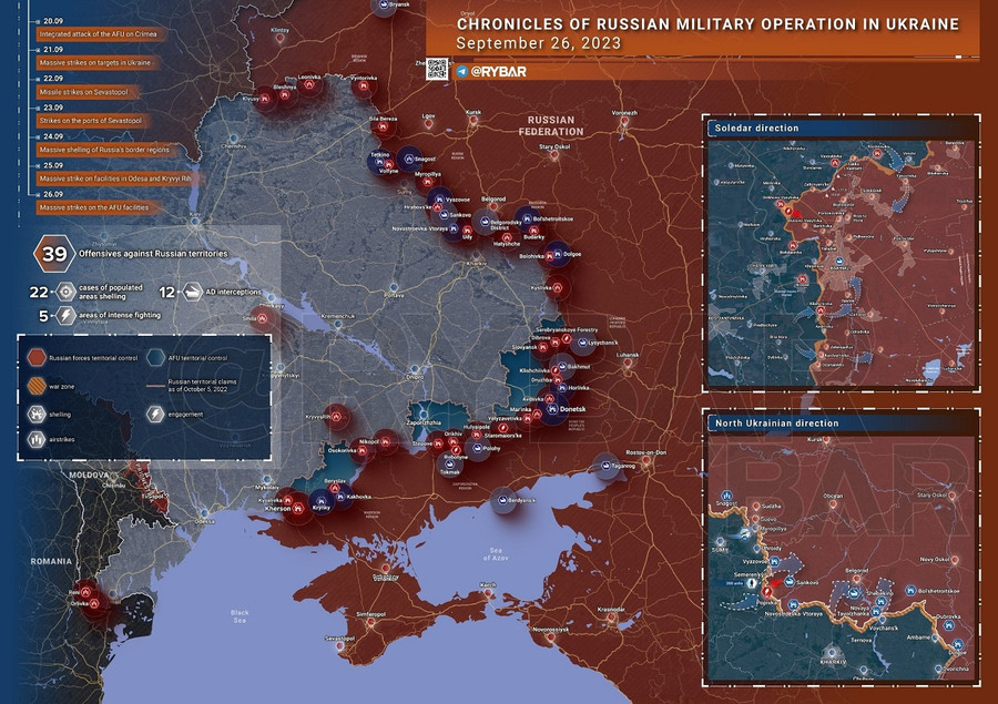 Bản đồ chiến sự Ukraine Ngày 26/9. Ảnh: Rybar. Bản đồ chiến sự Ukraine Ngày 26/9. Ảnh: Rybar.