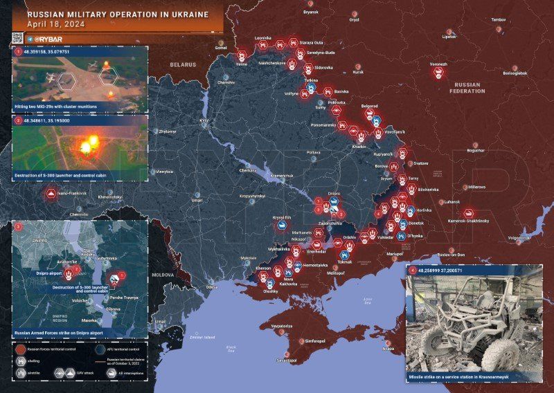 Bản đồ chiến sự Ukraine ngày 18/4. (Ảnh: Rybar)