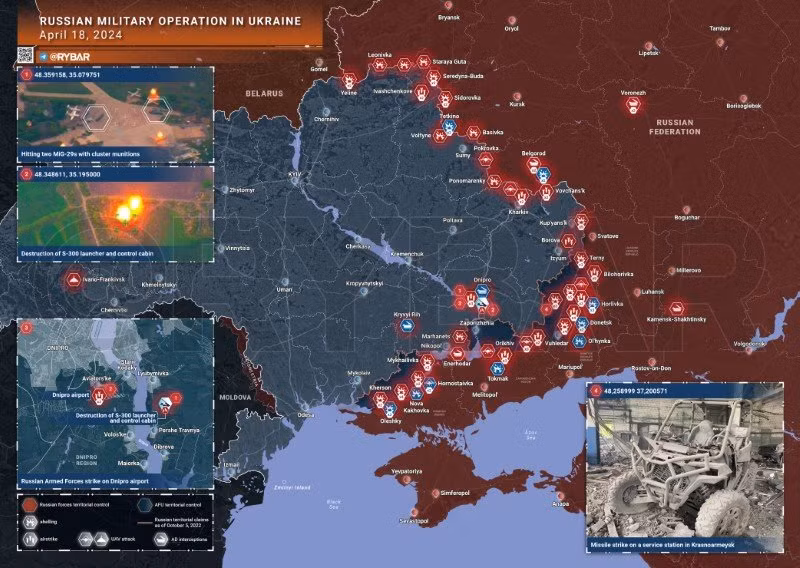 Bản đồ chiến sự Ukraine ngày 18/4. (Ảnh: Rybar)