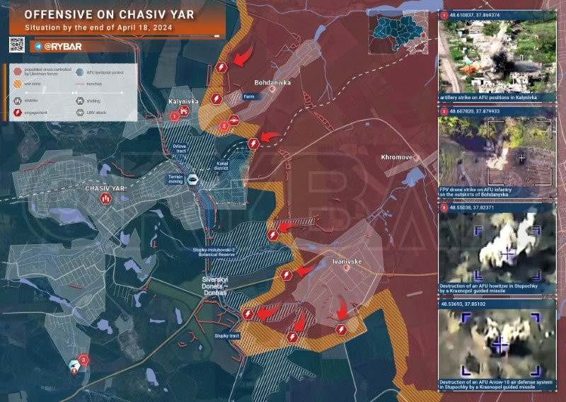 Bản đồ chiến sự Ukraine ngày 18/4, khu vực Chasov Yar. (Ảnh: Rybar) Bản đồ chiến sự Ukraine ngày 18/4, khu vực Chasov Yar. (Ảnh: Rybar)