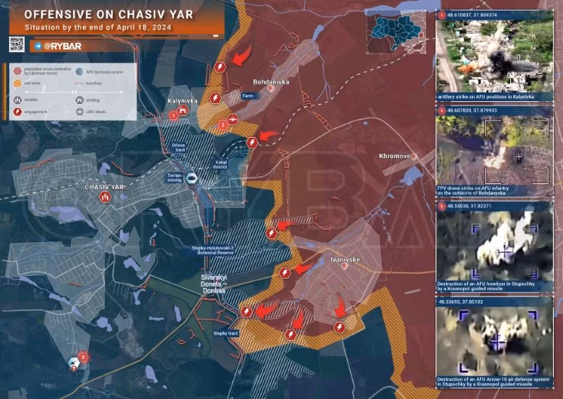 Bản đồ chiến sự Ukraine ngày 18/4, khu vực Chasov Yar. (Ảnh: Rybar)