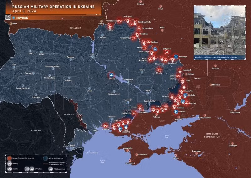 Bản đồ chiến sự Ukraine ngày 3/4. (Ảnh: Rybar)