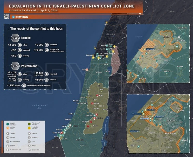 Bản đồ xung đột Israel - Hamas ngày 6/4. (Ảnh: Rybar)