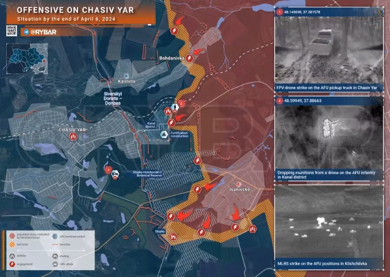 Bản đồ chiến sự Ukraine ngày 6/4, khu vực Chasov Yar. (Ảnh: Rybar)