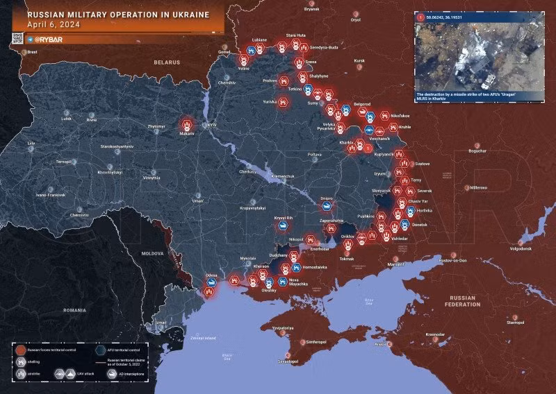 Bản đồ chiến sự Ukraine ngày 6/4. (Ảnh: Rybar)