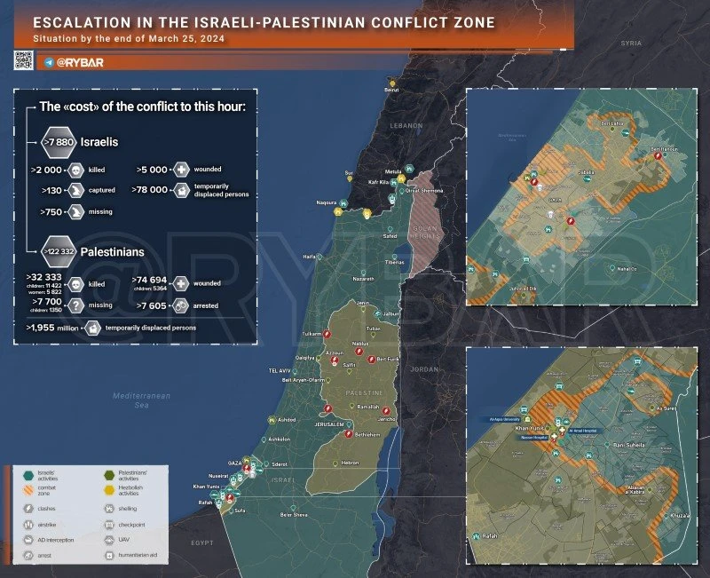 Bản đồ xung đột Israel - Hamas ngày 25/3. (Ảnh: Rybar)