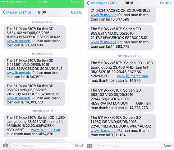 Tài khoản BIDV của Nam thông báo bị trừ tiền từ Facebook. Ảnh chụp màn hình