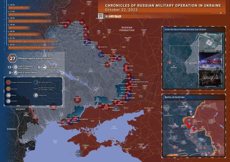 Bản đồ chiến sự Ukraine ngày 22/10. (Ảnh: Rybar). Bản đồ chiến sự Ukraine ngày 22/10. (Ảnh: Rybar).