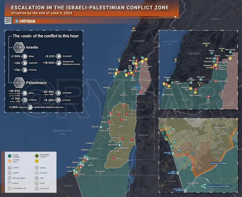 Bản đồ xung đột Israel - Hamas ngày 4/6. (Ảnh: Rybar)