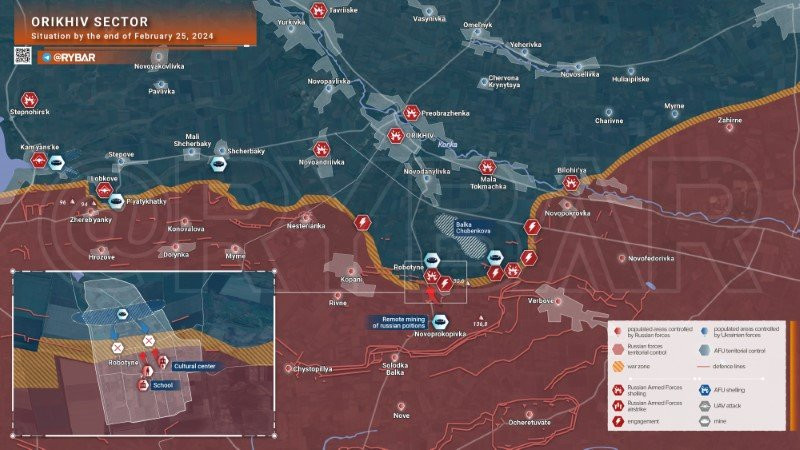 Bản đồ chiến sự Ukraine ngày 25/2, khu vực Orikhiv. (Ảnh: Rybar)