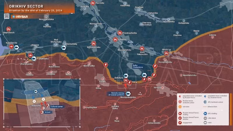 Bản đồ chiến sự Ukraine ngày 25/2, khu vực Orikhiv. (Ảnh: Rybar)