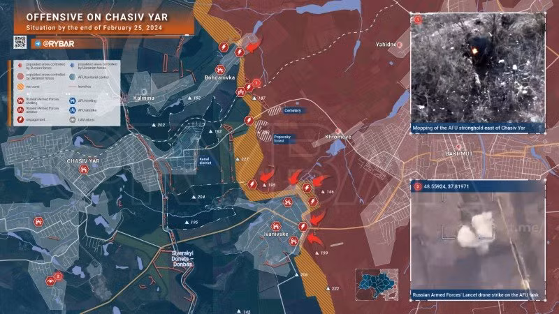 Bản đồ chiến sự khu vực Chasiv Yar ngày 25/2.