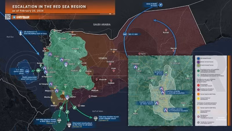 Căng thẳng leo thang xung quanh khu vực Biển Đỏ ngày 25/2. (Ảnh: Rybar)