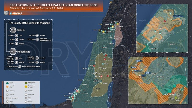 Bản đồ xung đột Israel - Hamas ngày 25/2. (Ảnh: Rybar) Bản đồ xung đột Israel - Hamas ngày 25/2. (Ảnh: Rybar)
