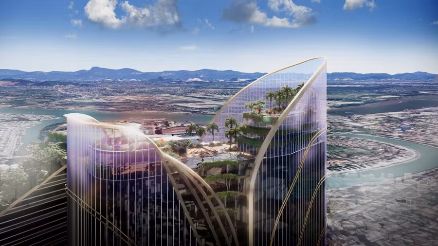 Phối cảnh tổng thể bên ngoài công trình với các đường uốn lượn phỏng sinh hình ảnh dòng chảy của các dòng sông