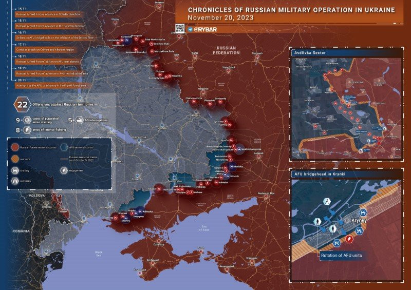 Bản đồ chiến sự Ukraine ngày 20/11. (Ảnh: Rybar). Bản đồ chiến sự Ukraine ngày 20/11. (Ảnh: Rybar).
