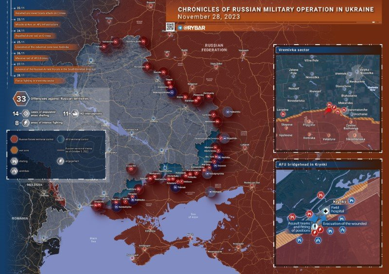 Bản đồ chiến sự Ukraine ngày 28/11. (Ảnh: Rybar)