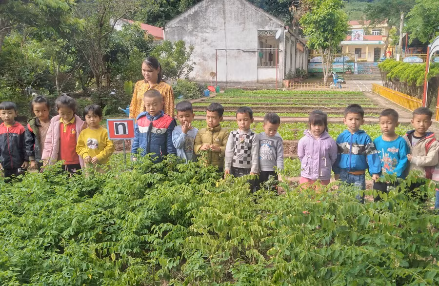 Cô và trò Trường Mầm non Sín Thầu, huyện Mường Nhé, tỉnh Điện Biên trong giờ học trải nghiệm.