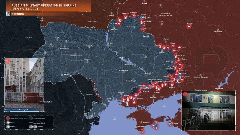 Bản đồ chiến sự Ukraine ngày 14/2. (Ảnh: Rybar)