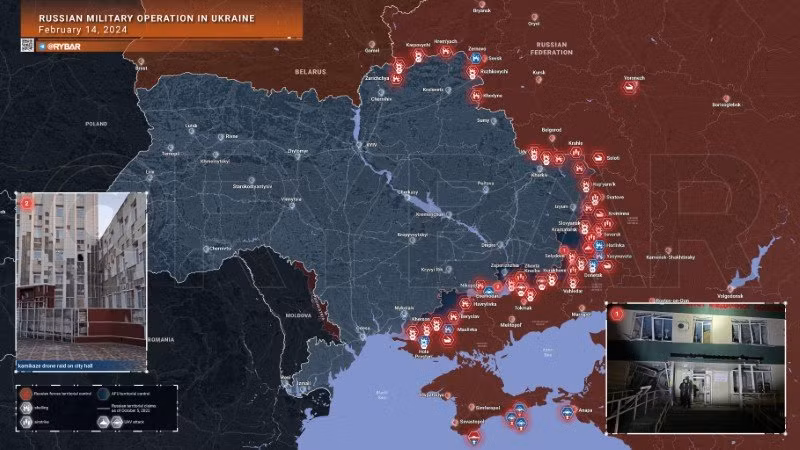 Bản đồ chiến sự Ukraine ngày 14/2. (Ảnh: Rybar)