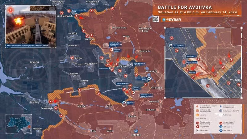 Bản đồ chiến sự Ukraine ngày 14/2, khu vực Avdeevka. (Ảnh: Rybar)
