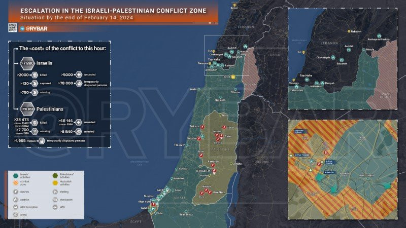 Bản đồ xung đột Israel - Hamas ngày 14/2. (Ảnh: Rybar)