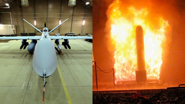 Máy bay không người lái MQ-9 Reapter (trái) và tên lửa Tomahawk của Mỹ 