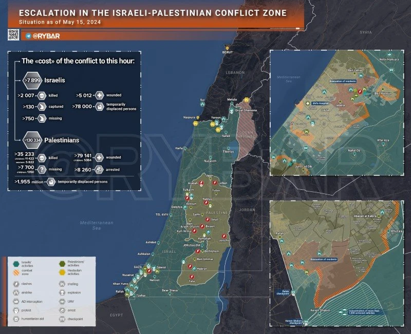 Bản đồ xung đột Israel - Hamas ngày 15/5. (Ảnh: Rybar)