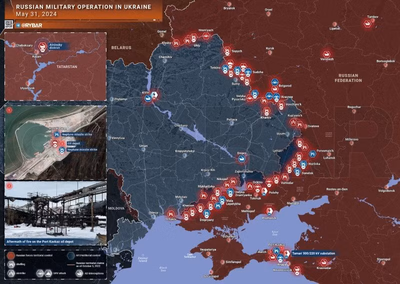 Bản đồ chiến sự Ukraine ngày 31/5. (Ảnh: Rybar)