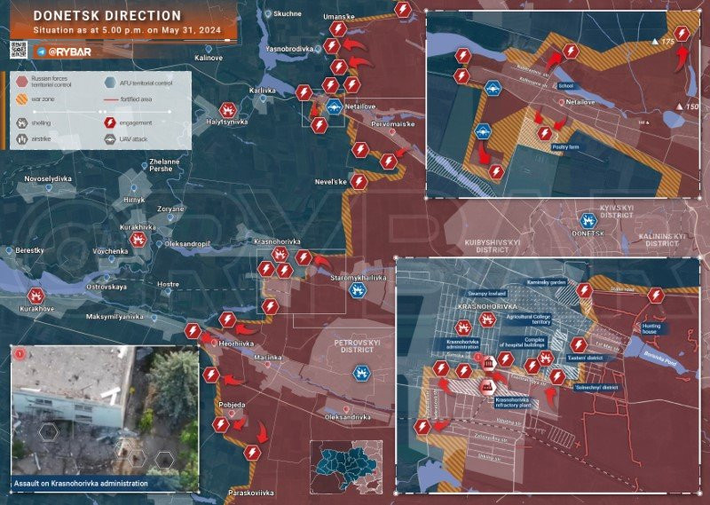 Bản đồ chiến sự Ukraine ngày 31/5, hướng Donetsk. (Ảnh: Rybar) Bản đồ chiến sự Ukraine ngày 31/5, hướng Donetsk. (Ảnh: Rybar)