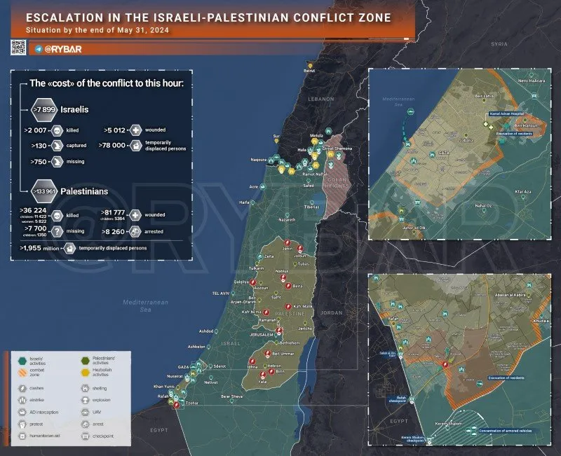 Bản đồ xung đột Israel - Hamas ngày 31/5. (Ảnh: Rybar)