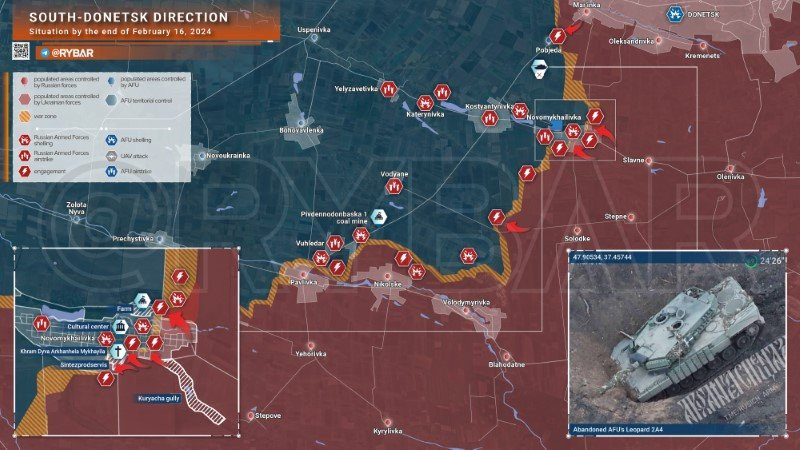 Bản đồ chiến sự Ukraine ngày 16/2, khu vực phía Nam Donetsk. (Ảnh: Rybar)
