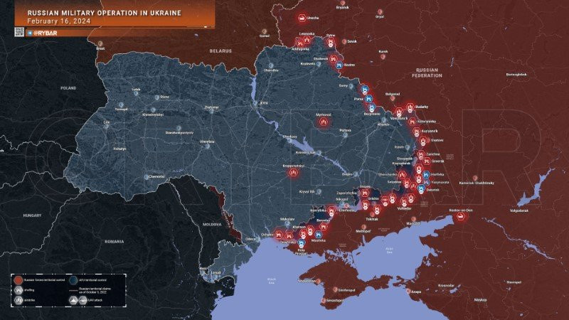 Bản đồ chiến sự Ukraine ngày 16/2. (Ảnh: Rybar)