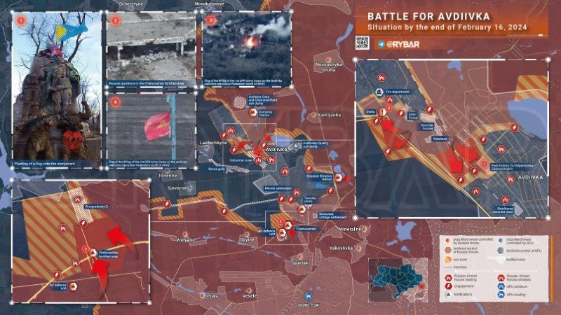Bản đồ chiến sự Ukraine ngày 16/2, khu vực Avdeevka. (Ảnh: Rybar)