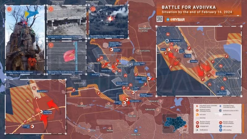 Bản đồ chiến sự Ukraine ngày 16/2, khu vực Avdeevka. (Ảnh: Rybar)