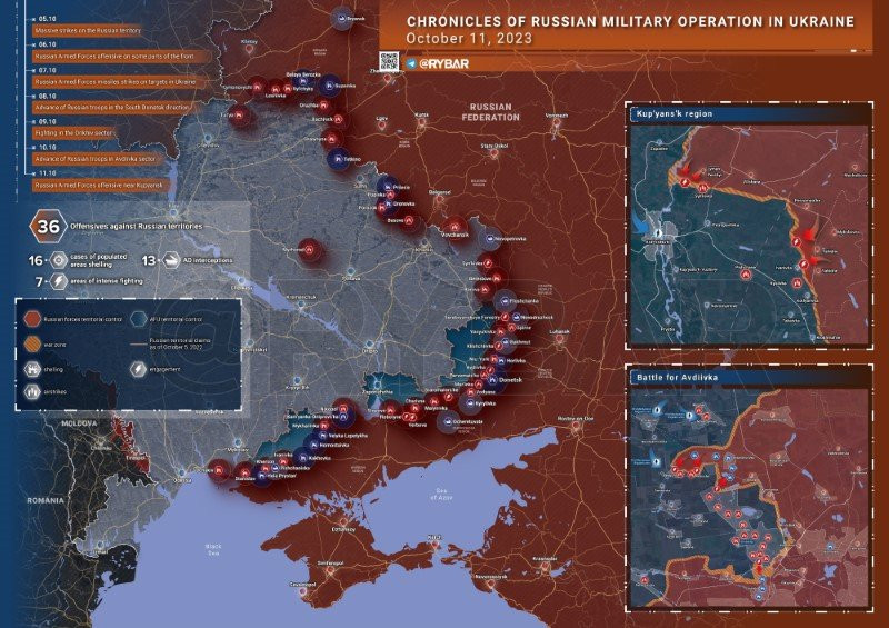 Bản đồ chiến sự Ukraine ngày 11/10. (Ảnh: Rybar).