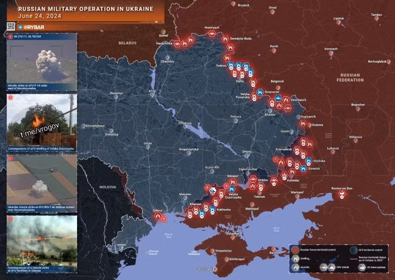Bản đồ chiến sự Ukraine ngày 24/6. (Ảnh: Rybar)