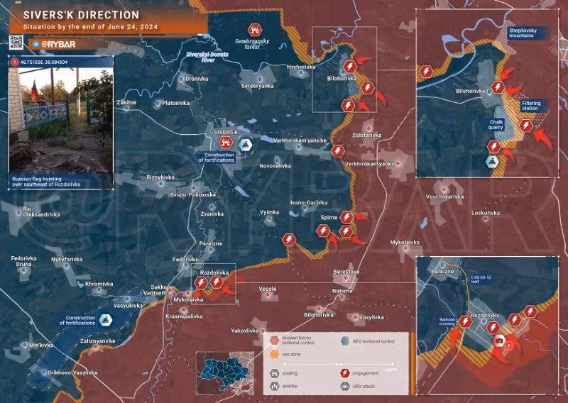 Bản đồ chiến sự Ukraine ngày 24/6, hướng Siversk. (Ảnh: Rybar)