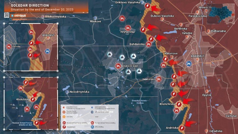 Bản đồ chiến sự Ukraine hướng Soledar ngày 20/12. (Ảnh: Rybar).
