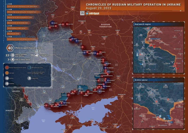 Bản đồ chiến sự Ukraine ngày 29/8. Ảnh: Rybar. Bản đồ chiến sự Ukraine ngày 29/8. Ảnh: Rybar.