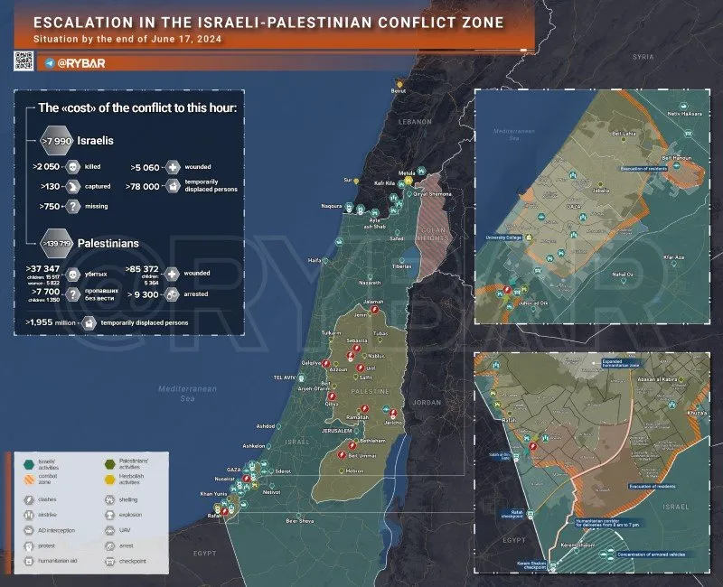 Bản đồ xung đột Israel - Hamas ngày 17/6. (Ảnh: Rybar)