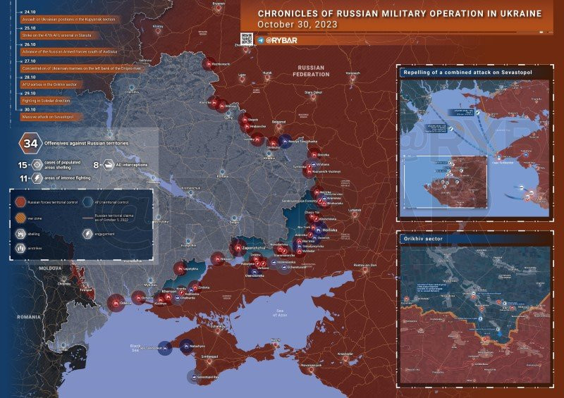 Bản đồ chiến sự Ukraine ngày 30/10. (Ảnh: Rybar).